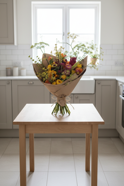 Large bouquet on kitchen table in modern kitchen