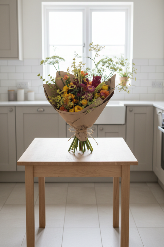 Large bouquet on kitchen table in modern kitchen