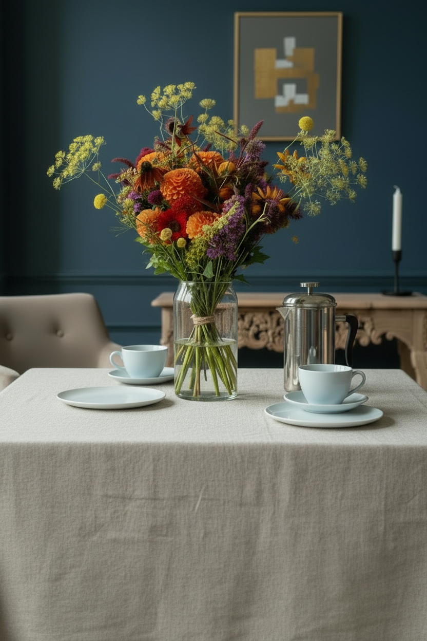 Signature bouquet with candle on mantelpiece